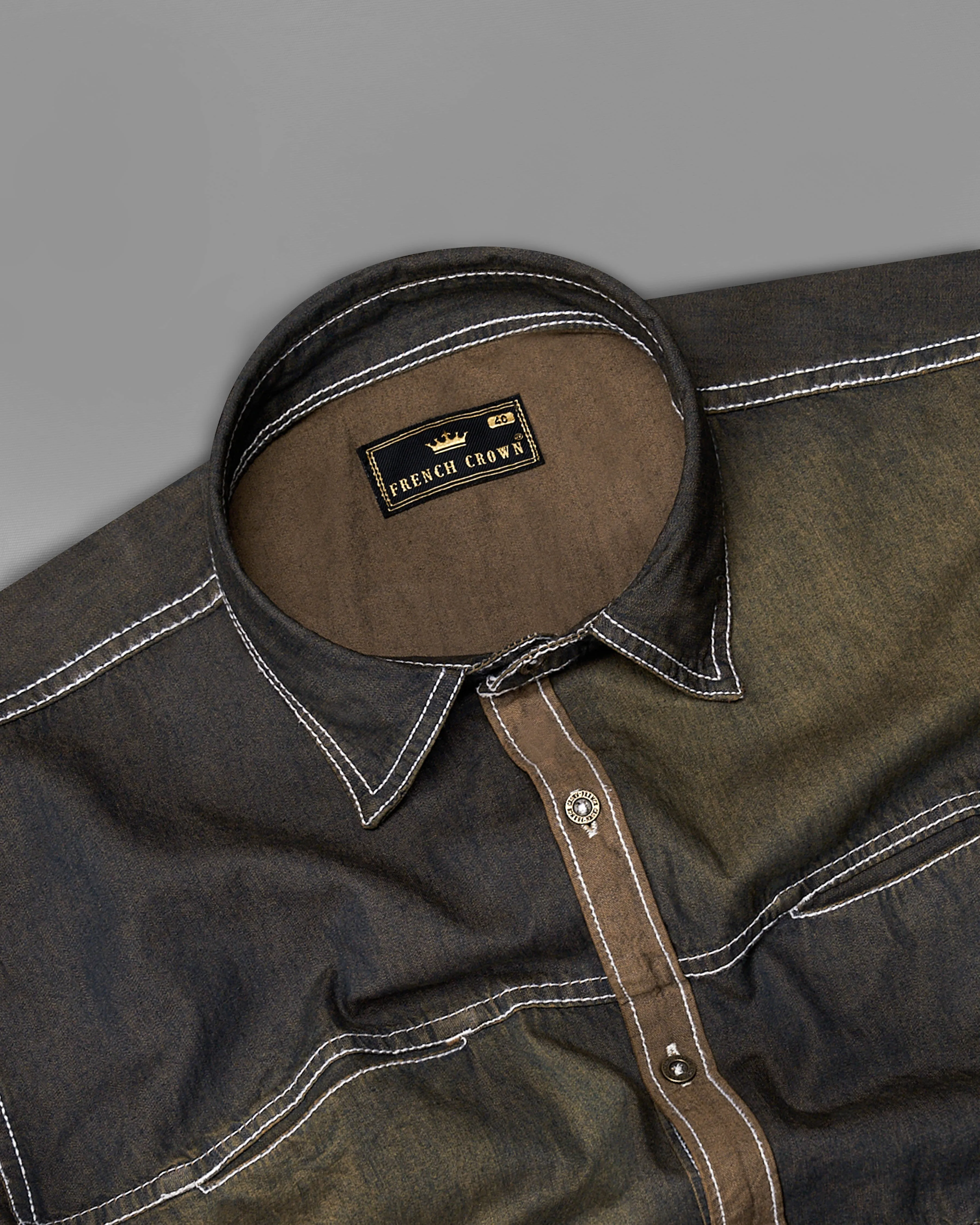 Dune Gray with Judge Brown Summer Denim Designer Shirt With Leather Patch Work