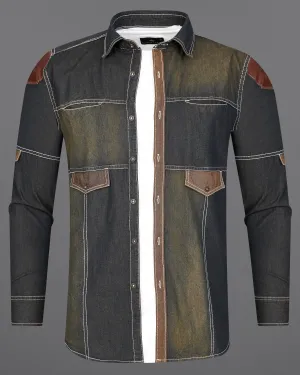 Dune Gray with Judge Brown Summer Denim Designer Shirt With Leather Patch Work