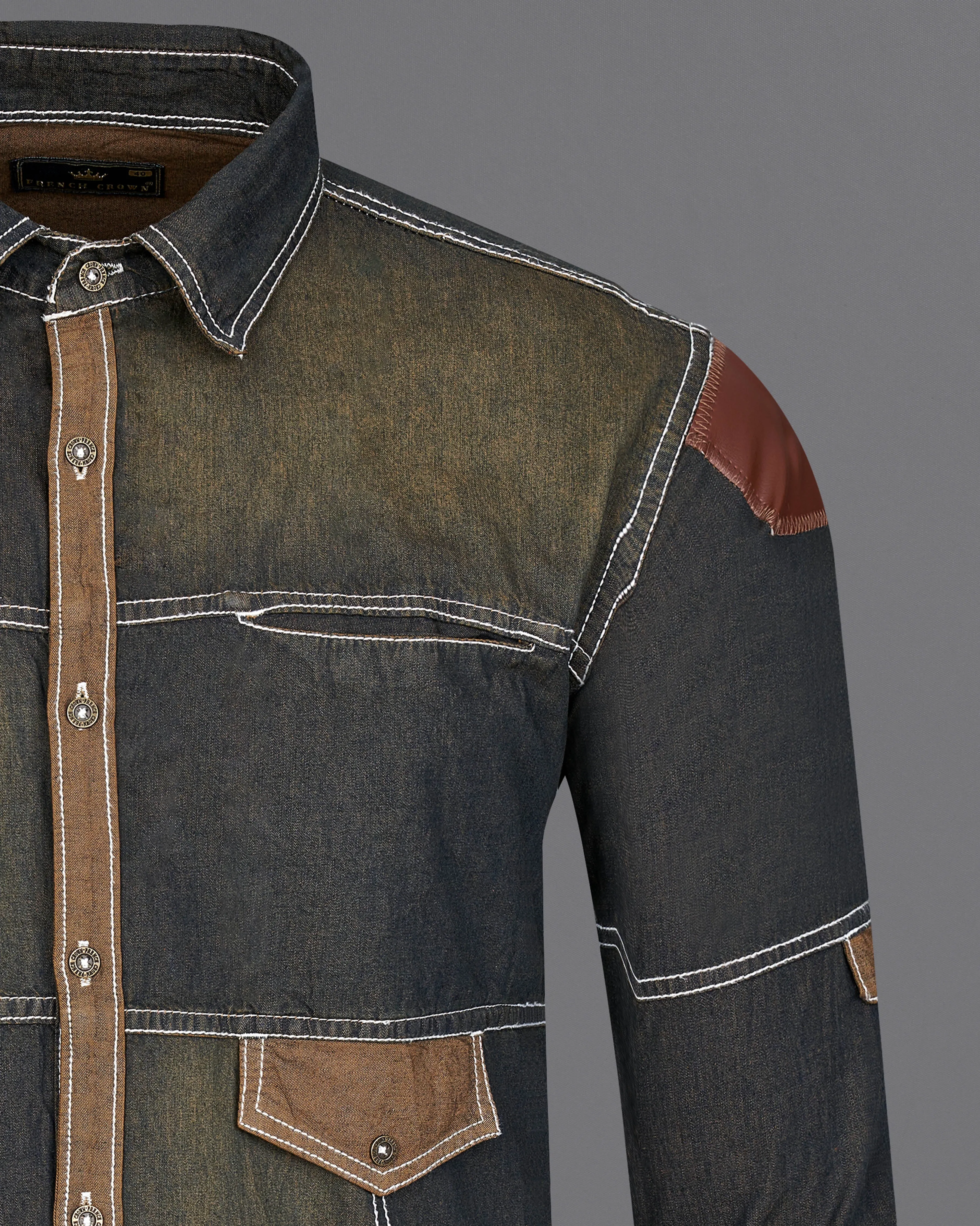 Dune Gray with Judge Brown Summer Denim Designer Shirt With Leather Patch Work