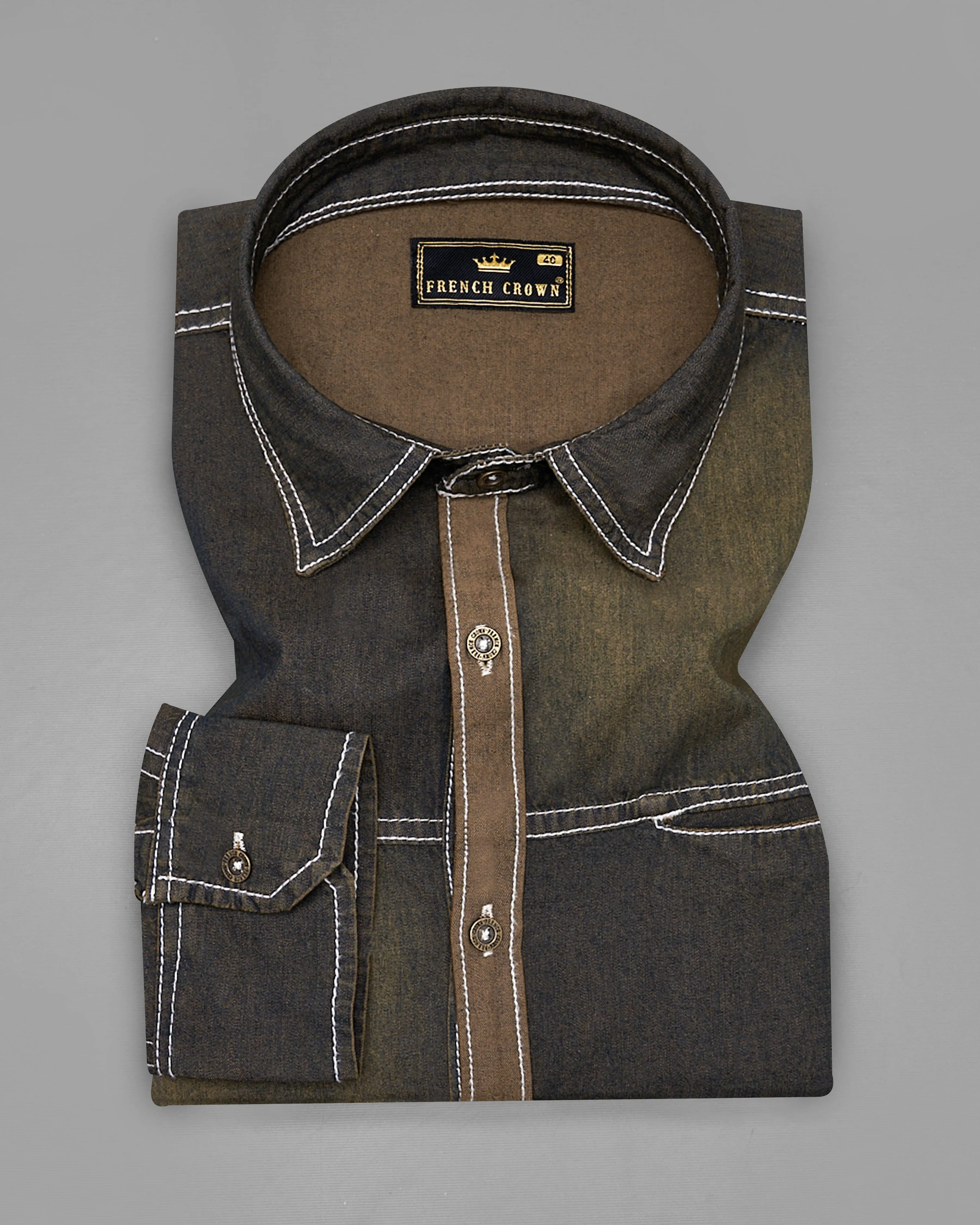 Dune Gray with Judge Brown Summer Denim Designer Shirt With Leather Patch Work