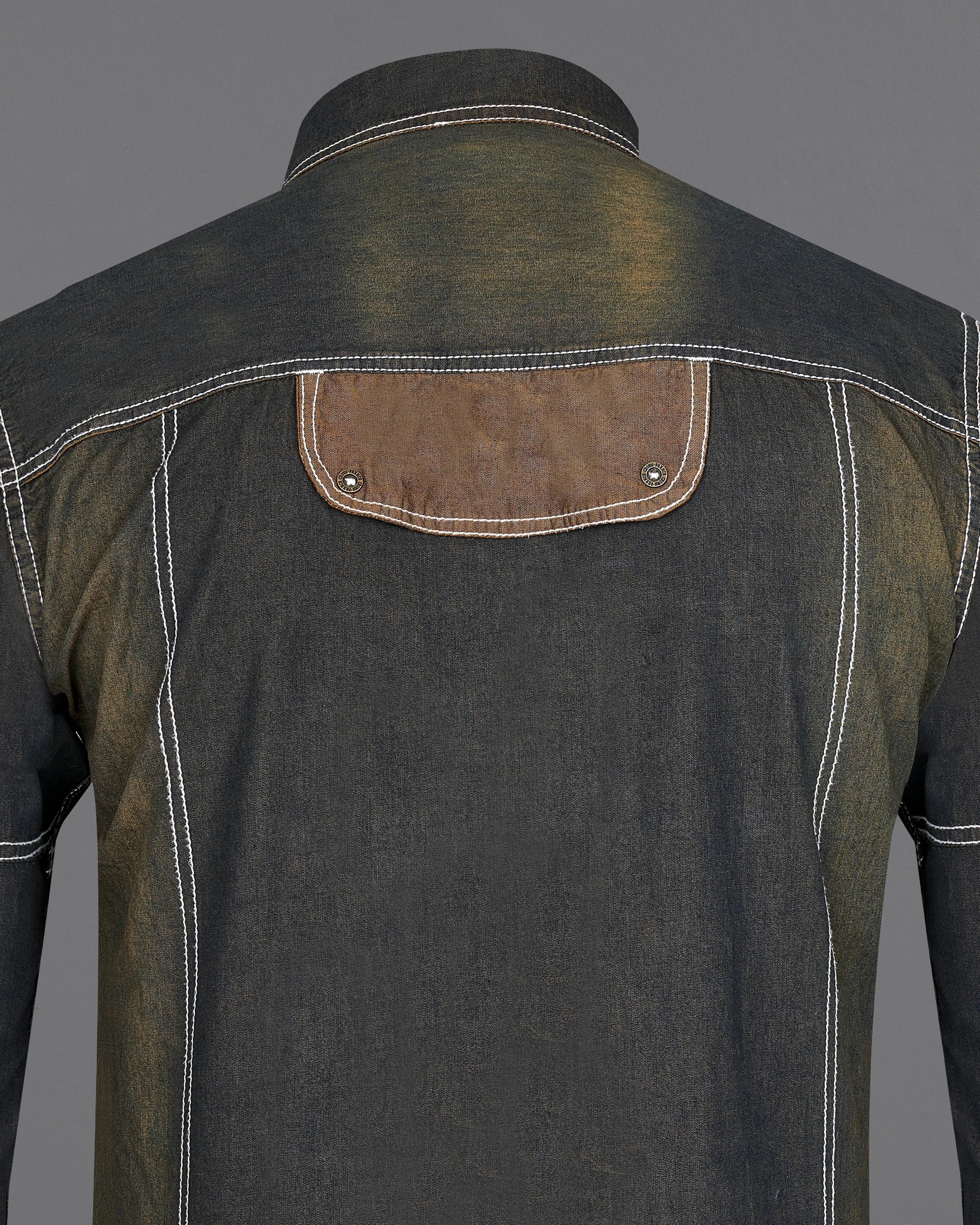 Dune Gray with Judge Brown Summer Denim Designer Shirt With Leather Patch Work