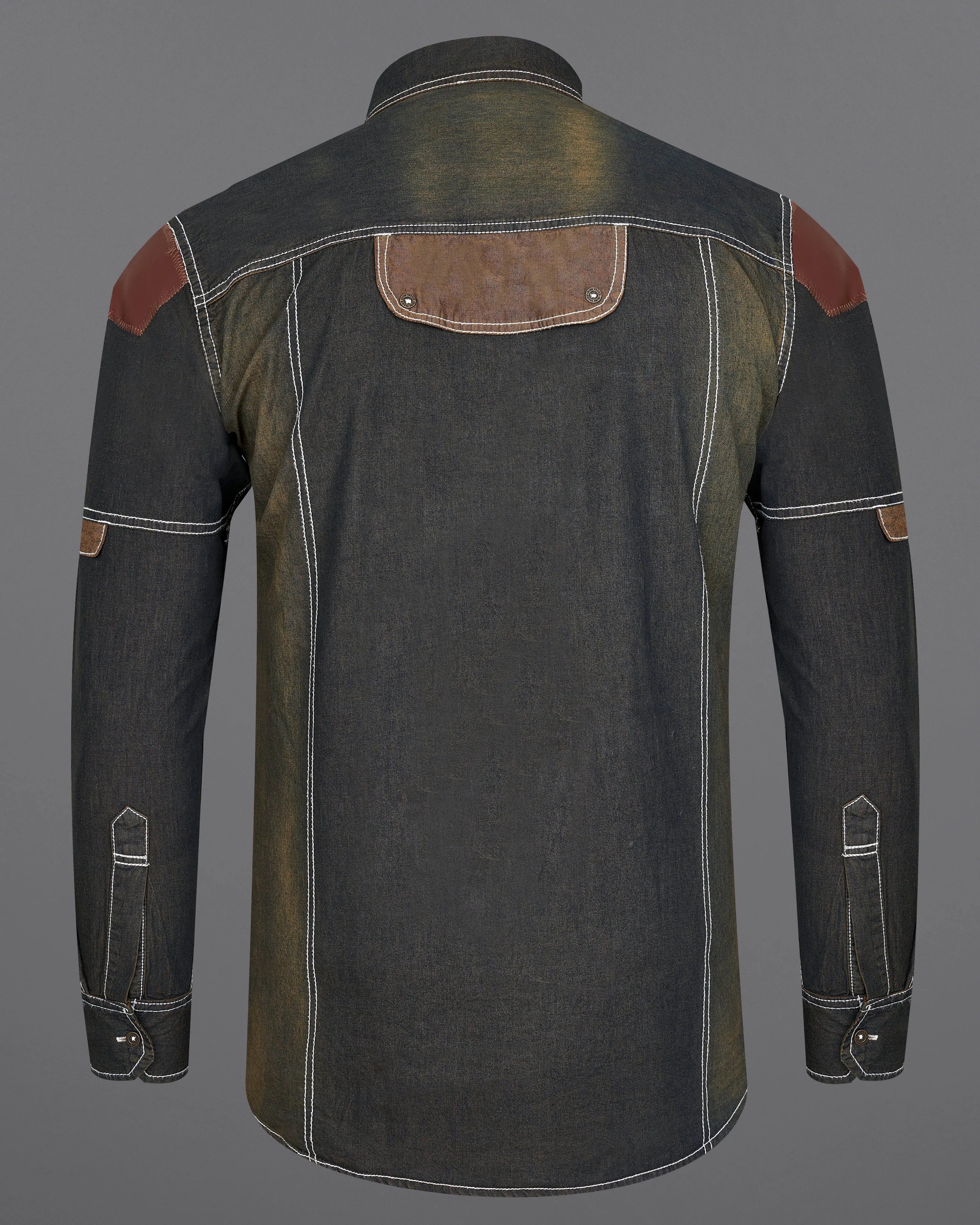 Dune Gray with Judge Brown Summer Denim Designer Shirt With Leather Patch Work