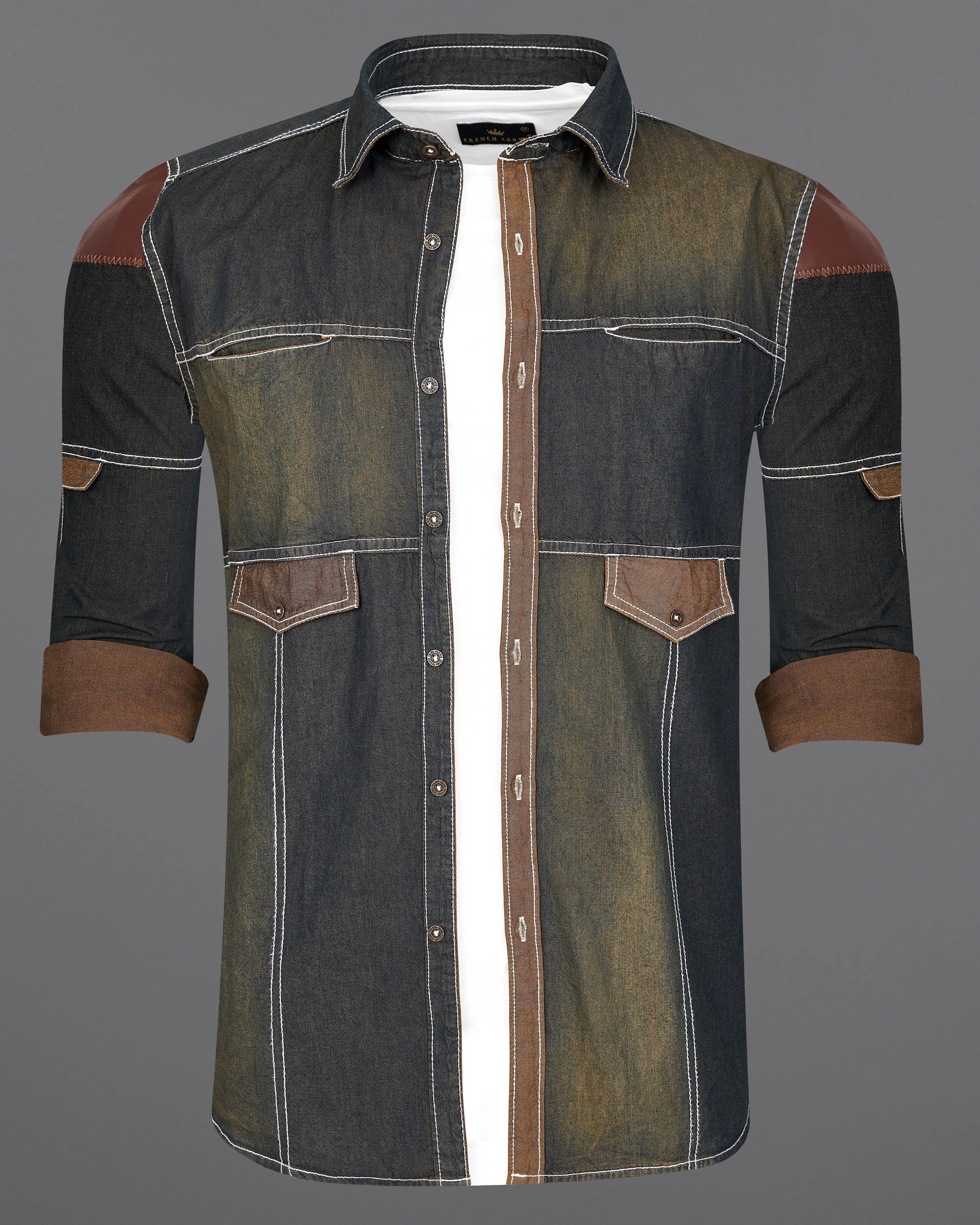 Dune Gray with Judge Brown Summer Denim Designer Shirt With Leather Patch Work