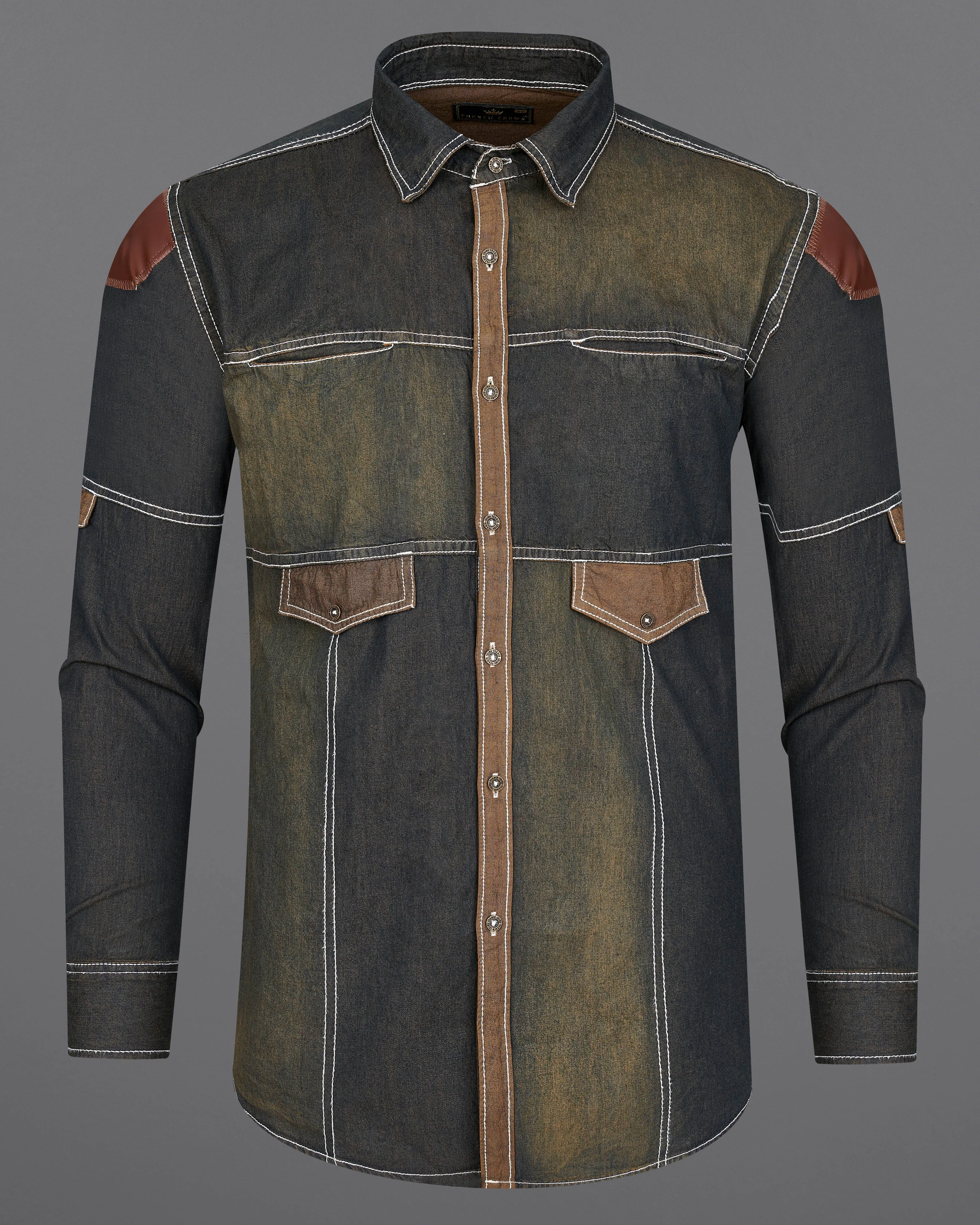 Dune Gray with Judge Brown Summer Denim Designer Shirt With Leather Patch Work