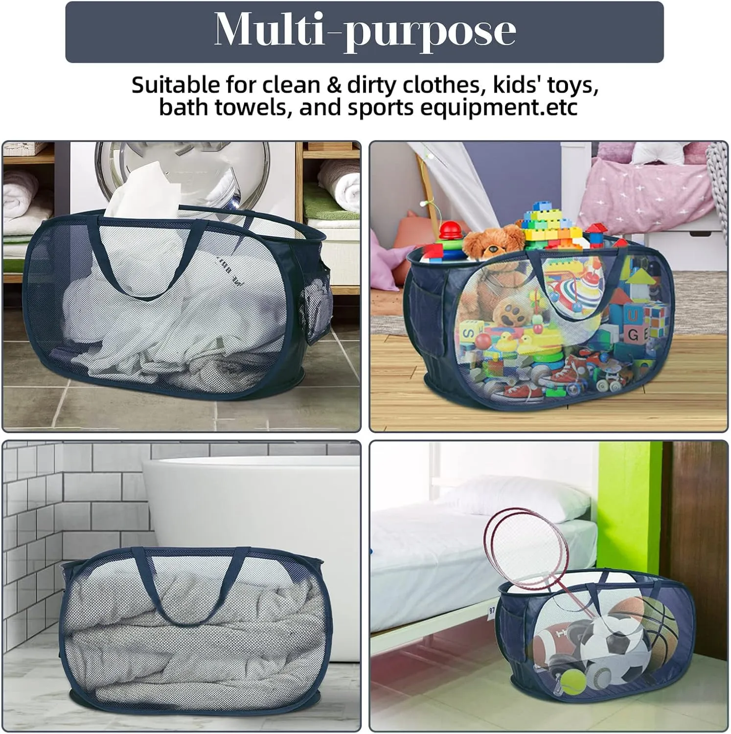 Durable Collapsible Laundry Baskets, Mesh Pop Up Laundry Hamper with Side Pocket, Foldable Clothes Hamper with Reinforced Carry Handles for Laundry, Bathroom, Kids Room, Dorm, Travel 2 Pack Navy Blue