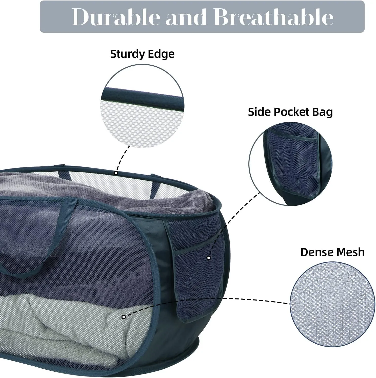 Durable Collapsible Laundry Baskets, Mesh Pop Up Laundry Hamper with Side Pocket, Foldable Clothes Hamper with Reinforced Carry Handles for Laundry, Bathroom, Kids Room, Dorm, Travel 2 Pack Navy Blue