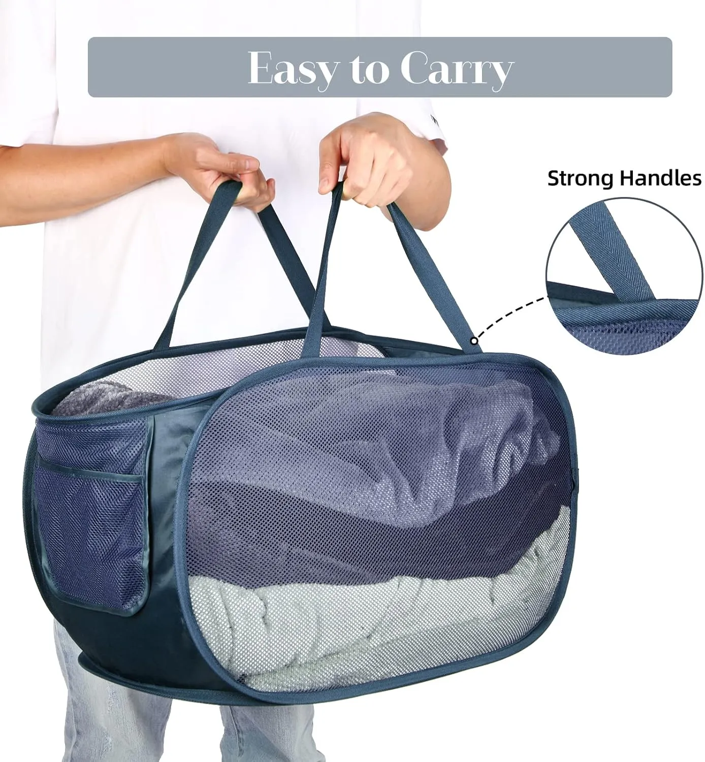 Durable Collapsible Laundry Baskets, Mesh Pop Up Laundry Hamper with Side Pocket, Foldable Clothes Hamper with Reinforced Carry Handles for Laundry, Bathroom, Kids Room, Dorm, Travel 2 Pack Navy Blue