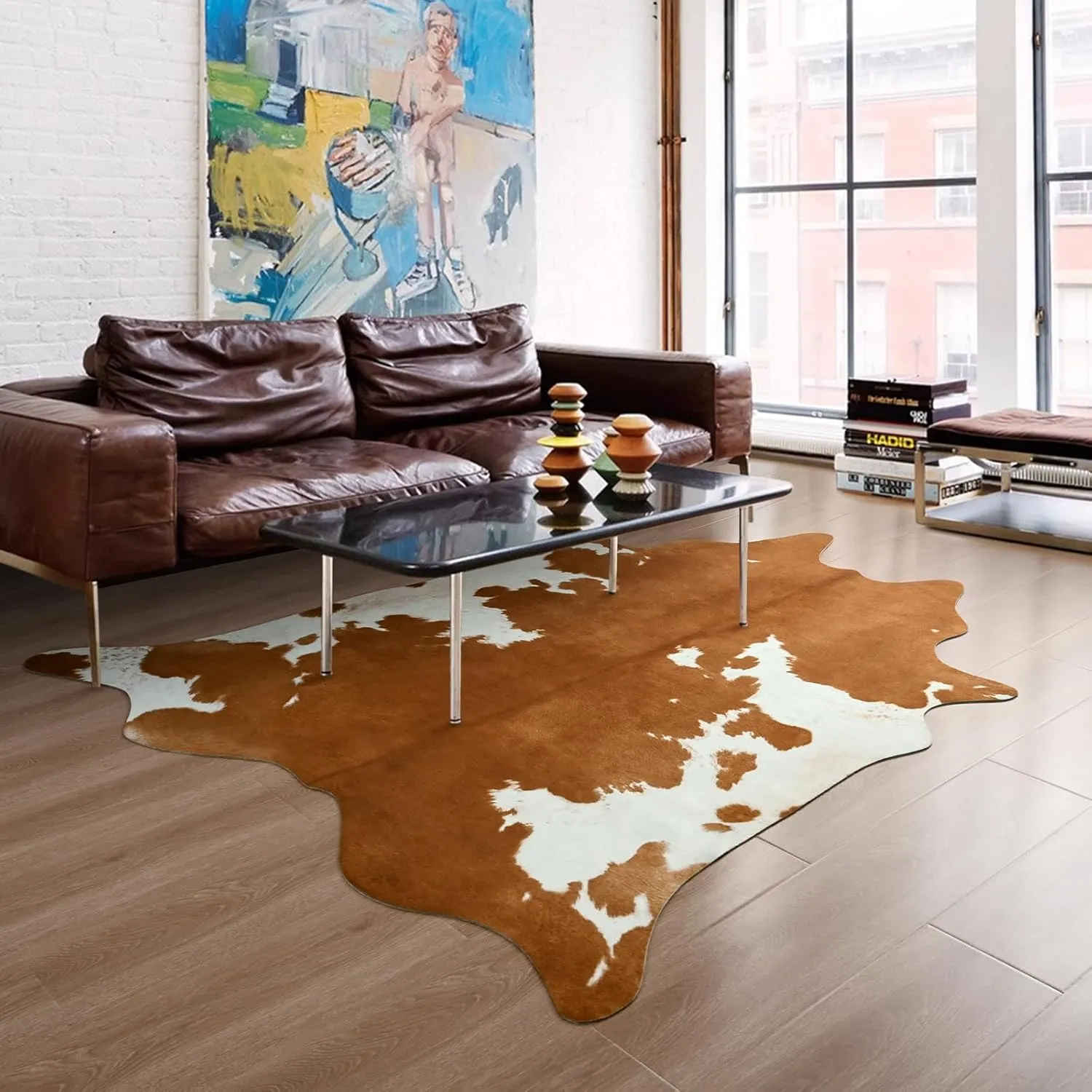 DweIke Premium Faux Cow Hide Rug Cowhide Area Rug, 4.6 x 5.2ft Animal Print Fur Rug Suitable for Bedroom Living Room, Western Decor Carpets for Dining Room Office, Animal Skin Area Rug, Yellow-Brown