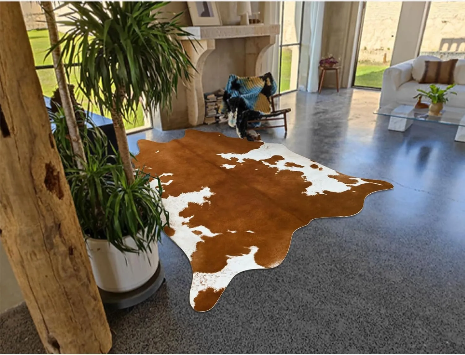 DweIke Premium Faux Cow Hide Rug Cowhide Area Rug, 4.6 x 5.2ft Animal Print Fur Rug Suitable for Bedroom Living Room, Western Decor Carpets for Dining Room Office, Animal Skin Area Rug, Yellow-Brown