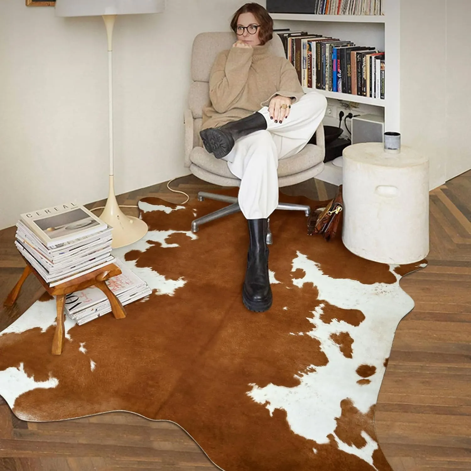 DweIke Premium Faux Cow Hide Rug Cowhide Area Rug, 4.6 x 5.2ft Animal Print Fur Rug Suitable for Bedroom Living Room, Western Decor Carpets for Dining Room Office, Animal Skin Area Rug, Yellow-Brown