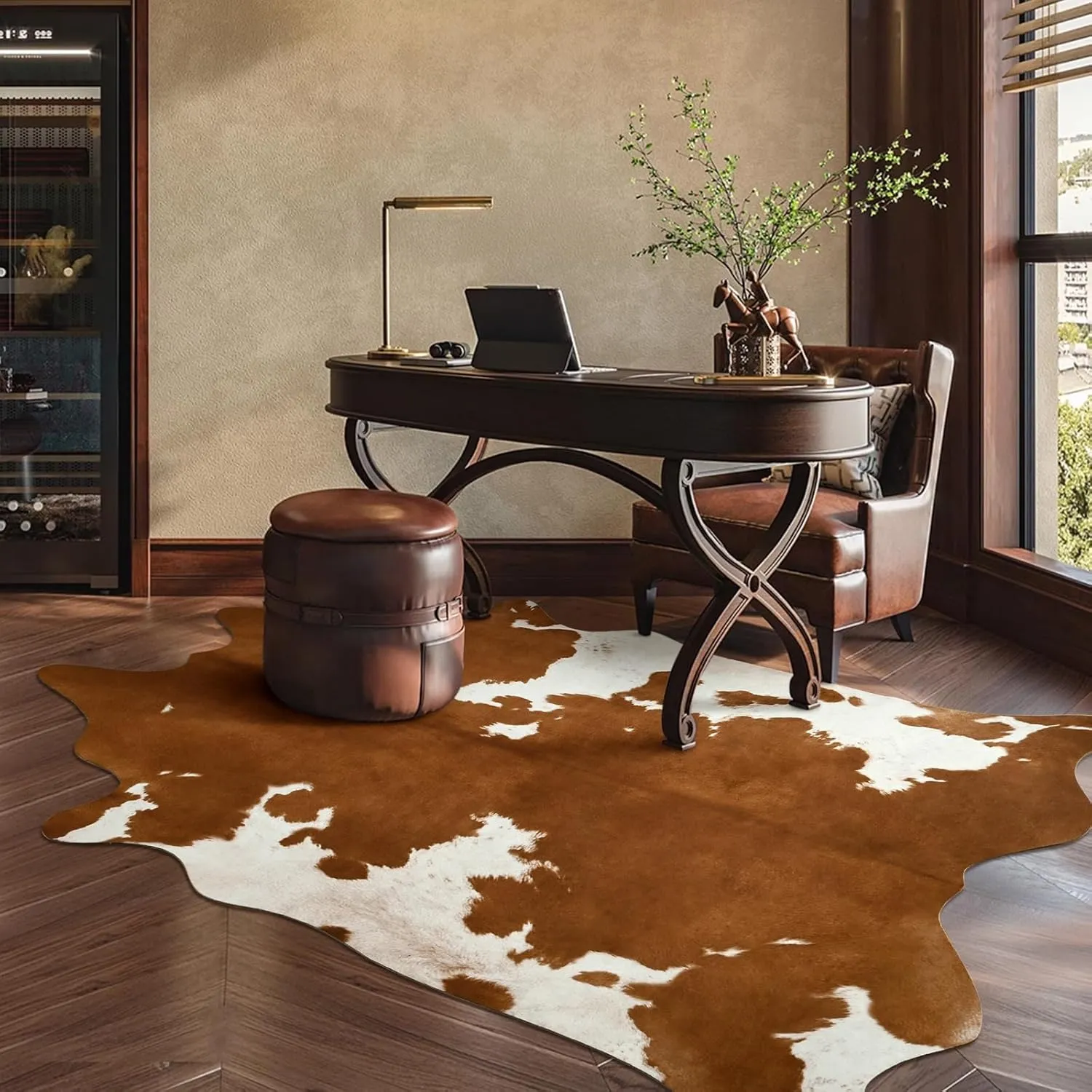 DweIke Premium Faux Cow Hide Rug Cowhide Area Rug, 4.6 x 5.2ft Animal Print Fur Rug Suitable for Bedroom Living Room, Western Decor Carpets for Dining Room Office, Animal Skin Area Rug, Yellow-Brown