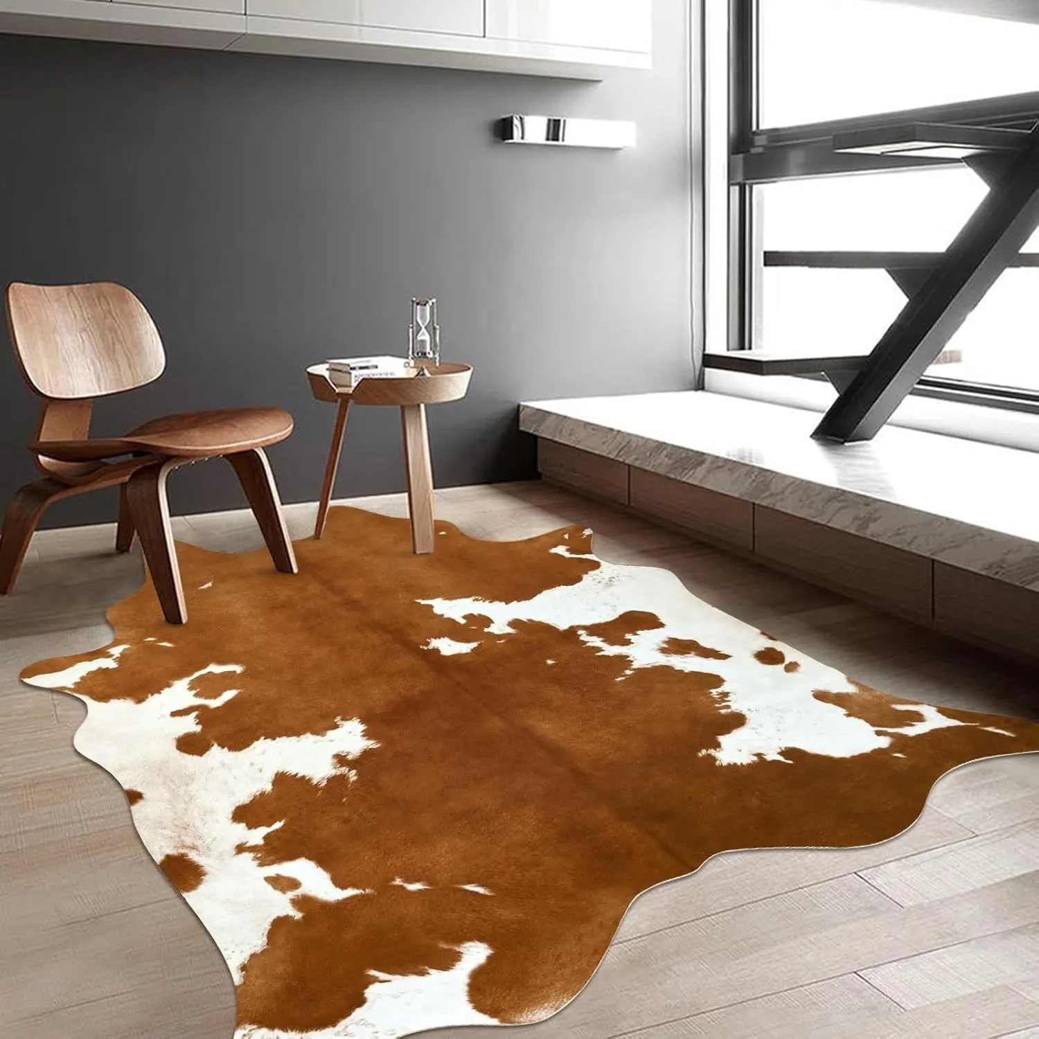 DweIke Premium Faux Cow Hide Rug Cowhide Area Rug, 4.6 x 5.2ft Animal Print Fur Rug Suitable for Bedroom Living Room, Western Decor Carpets for Dining Room Office, Animal Skin Area Rug, Yellow-Brown