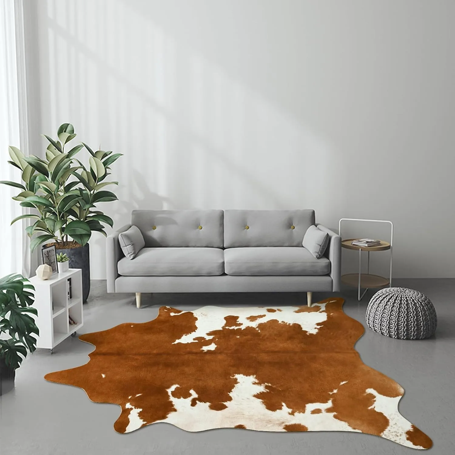 DweIke Premium Faux Cow Hide Rug Cowhide Area Rug, 4.6 x 5.2ft Animal Print Fur Rug Suitable for Bedroom Living Room, Western Decor Carpets for Dining Room Office, Animal Skin Area Rug, Yellow-Brown