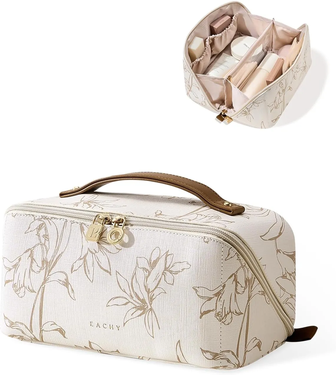 EACHY Travel Makeup Bag, Large Capacity Cosmetic Bags for Women, Waterproof Portable Pouch Open Flat Toiletry Bag Pattern Make up Bag (F-Beige)