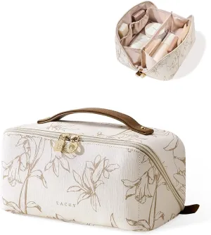 EACHY Travel Makeup Bag, Large Capacity Cosmetic Bags for Women, Waterproof Portable Pouch Open Flat Toiletry Bag Pattern Make up Bag (F-Beige)