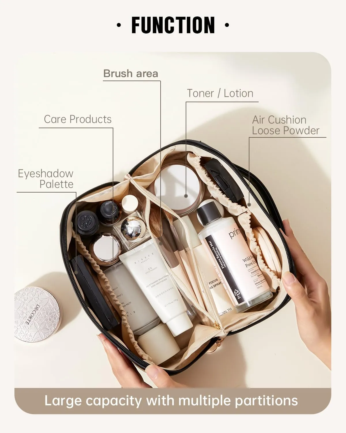 EACHY Travel Makeup Bag,Large Capacity Cosmetic Bags for Women,Waterproof Portable Pouch Open Flat Toiletry Bag Make up Organizer with Divider and Handle
