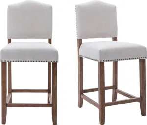 EALSON Farmhouse Bar Stools Set of 2 Counter Height Kitchen Barstools with Back Mid Century Modern Wooden Bar Chairs Linen Upholstered Island Stools for Home Bar/Bistro/Pub, 26 Inch Beige