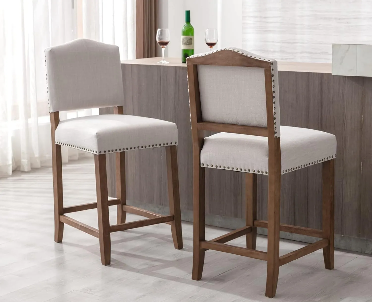 EALSON Farmhouse Bar Stools Set of 2 Counter Height Kitchen Barstools with Back Mid Century Modern Wooden Bar Chairs Linen Upholstered Island Stools for Home Bar/Bistro/Pub, 26 Inch Beige