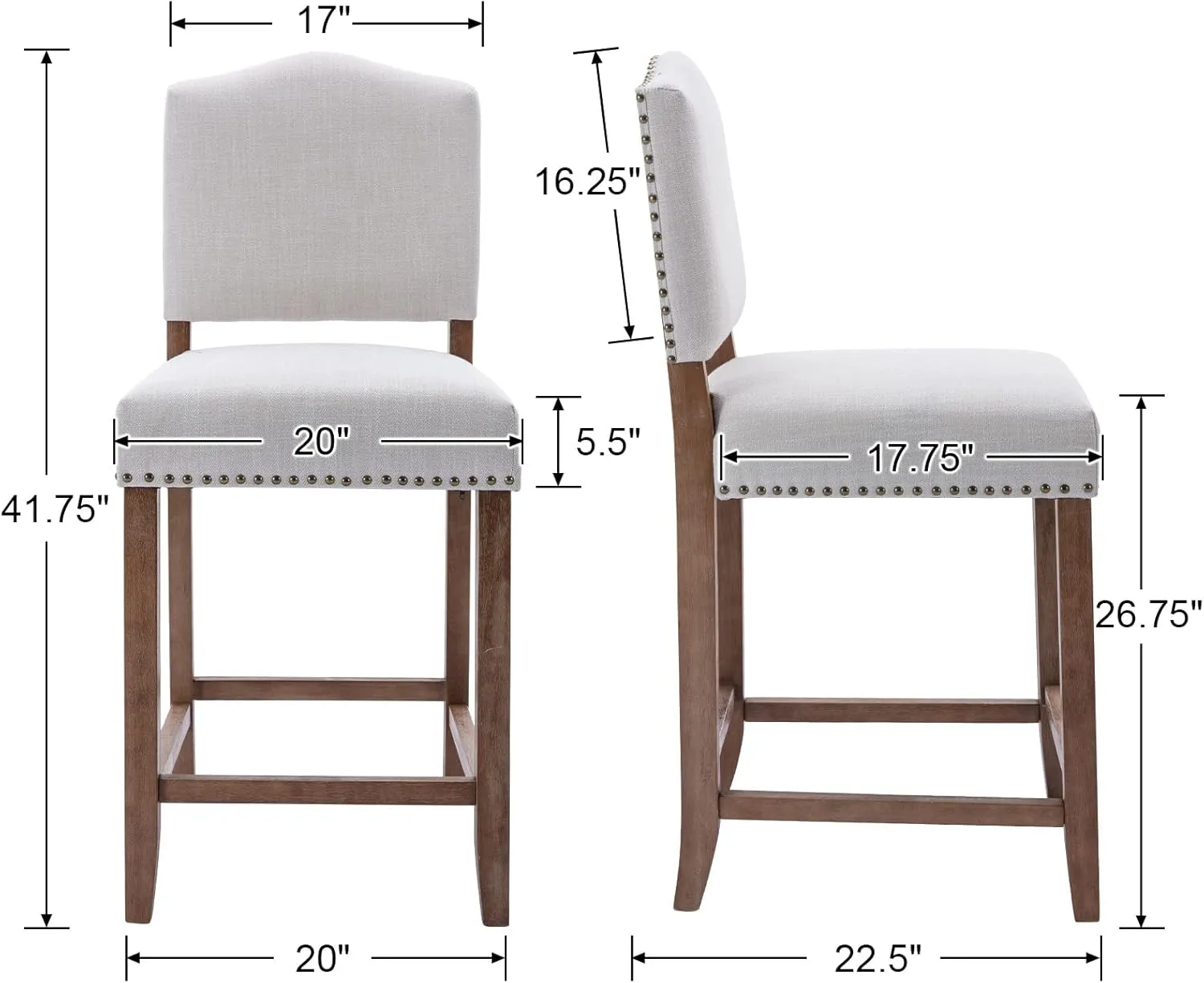 EALSON Farmhouse Bar Stools Set of 2 Counter Height Kitchen Barstools with Back Mid Century Modern Wooden Bar Chairs Linen Upholstered Island Stools for Home Bar/Bistro/Pub, 26 Inch Beige