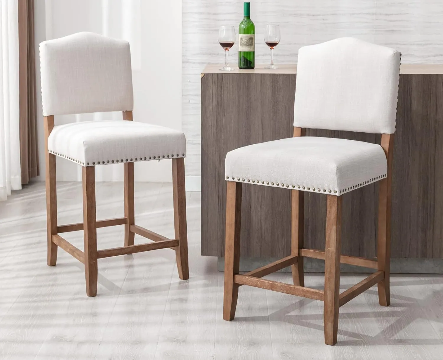 EALSON Farmhouse Bar Stools Set of 2 Counter Height Kitchen Barstools with Back Mid Century Modern Wooden Bar Chairs Linen Upholstered Island Stools for Home Bar/Bistro/Pub, 26 Inch Beige