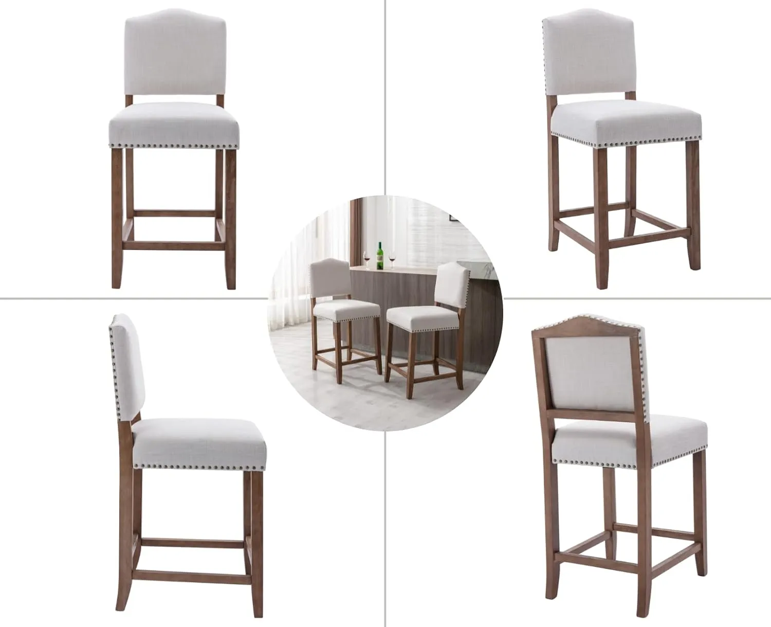EALSON Farmhouse Bar Stools Set of 2 Counter Height Kitchen Barstools with Back Mid Century Modern Wooden Bar Chairs Linen Upholstered Island Stools for Home Bar/Bistro/Pub, 26 Inch Beige