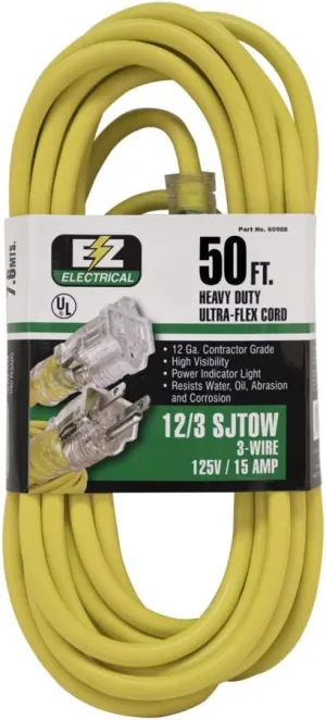 Eastman 3-Prong Heavy Duty 12-Gauge Waterproof Extension Cord with Indicator Light, Outdoor/Indoor, 50 Foot Length, Yellow, 60988