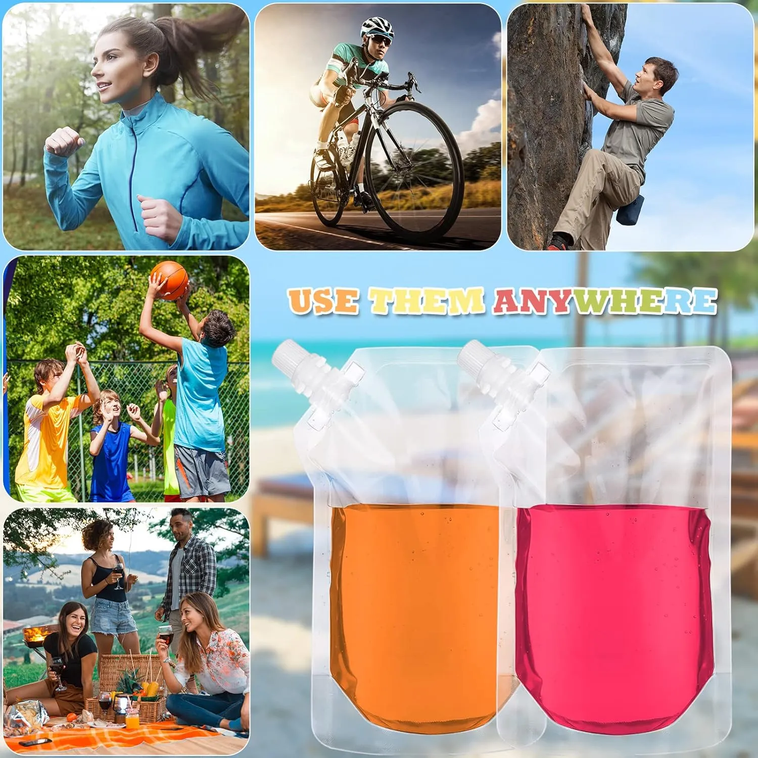 EBOOT 201 Pcs Reusable Plastic Liquid Bags Travel Pouches for Adults Disposable Juice Bag with Collapsible Silicone Funnels for Cruise Travel (16 oz)
