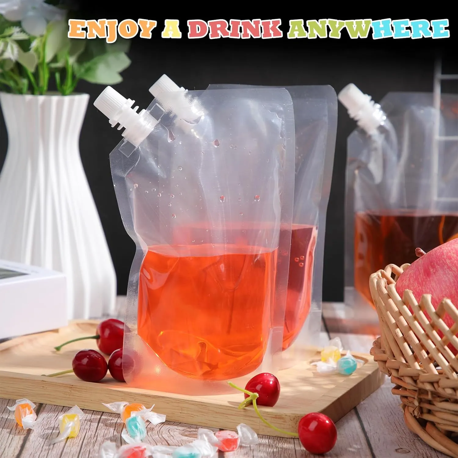 EBOOT 201 Pcs Reusable Plastic Liquid Bags Travel Pouches for Adults Disposable Juice Bag with Collapsible Silicone Funnels for Cruise Travel (16 oz)