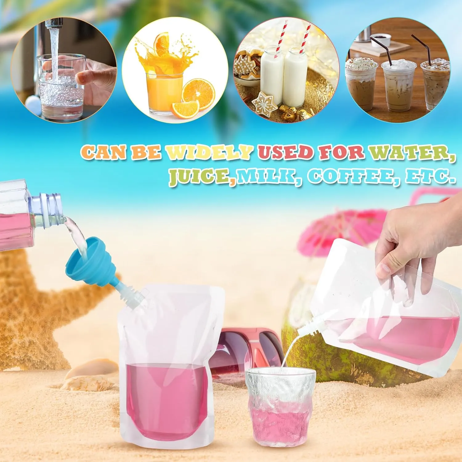 EBOOT 201 Pcs Reusable Plastic Liquid Bags Travel Pouches for Adults Disposable Juice Bag with Collapsible Silicone Funnels for Cruise Travel (16 oz)