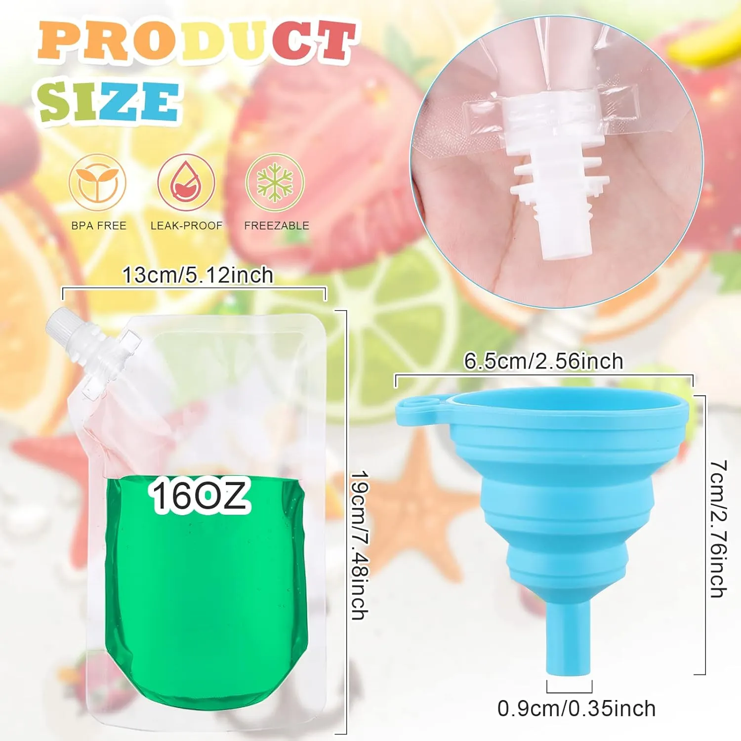 EBOOT 201 Pcs Reusable Plastic Liquid Bags Travel Pouches for Adults Disposable Juice Bag with Collapsible Silicone Funnels for Cruise Travel (16 oz)