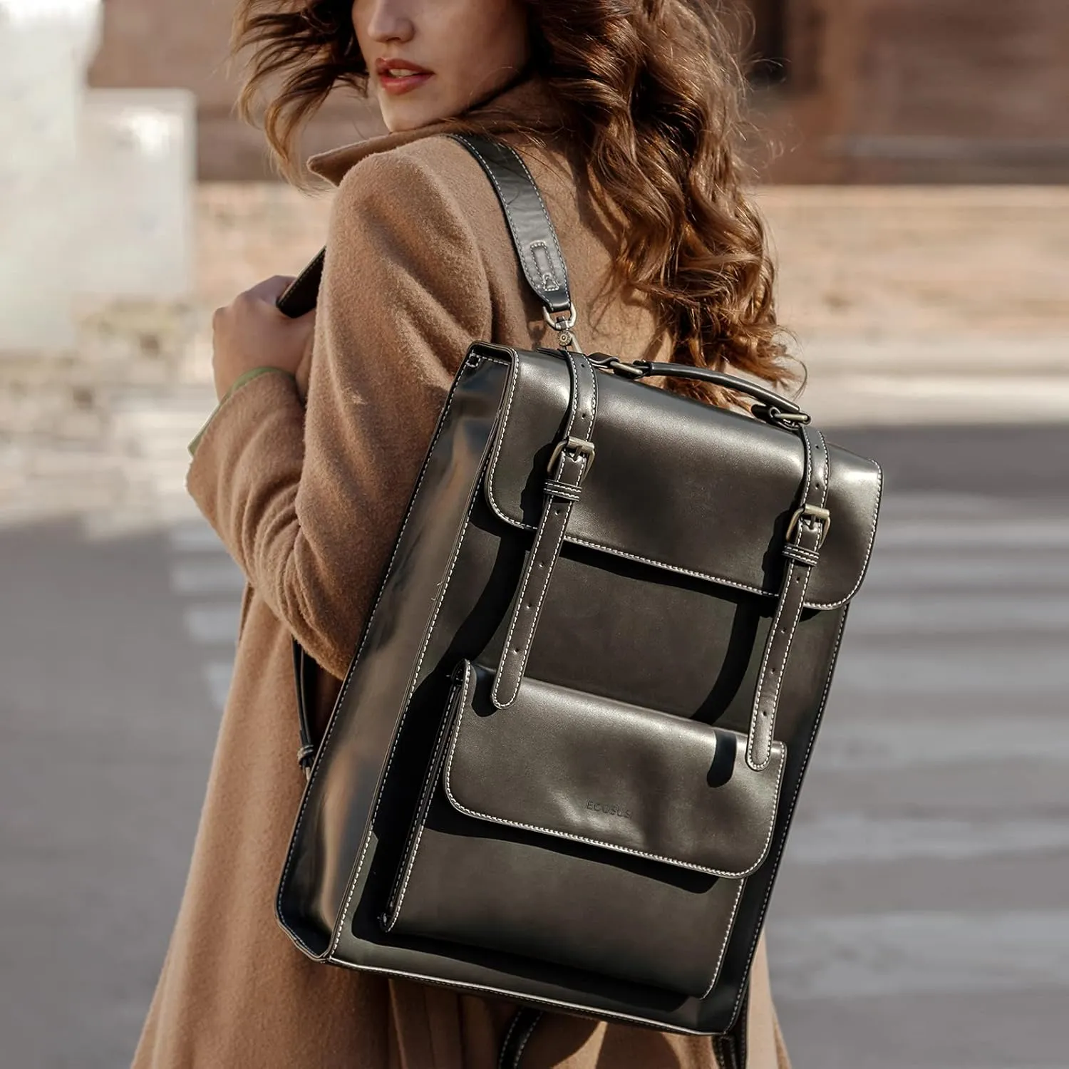 ECOSUSI Laptop Backpack for Women PU Leather Backpack Vintage for Laptop 15.6 inches Computer Bag College Bookbag