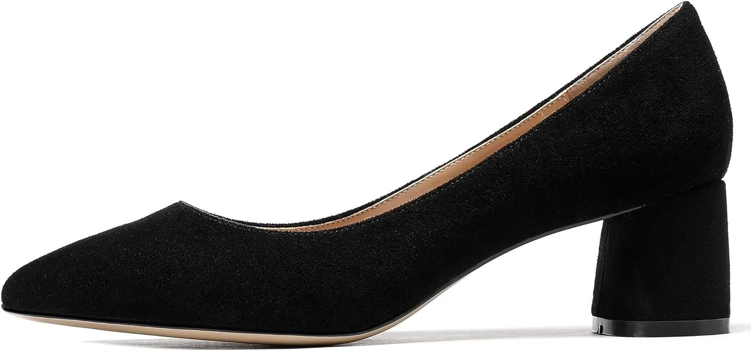 Eldof Women's Chunky Block Low Heels Closed Pointy Toe Classic Pumps Comfort Slip-on Party Evening Dress Heeled Shoes 5 CM
