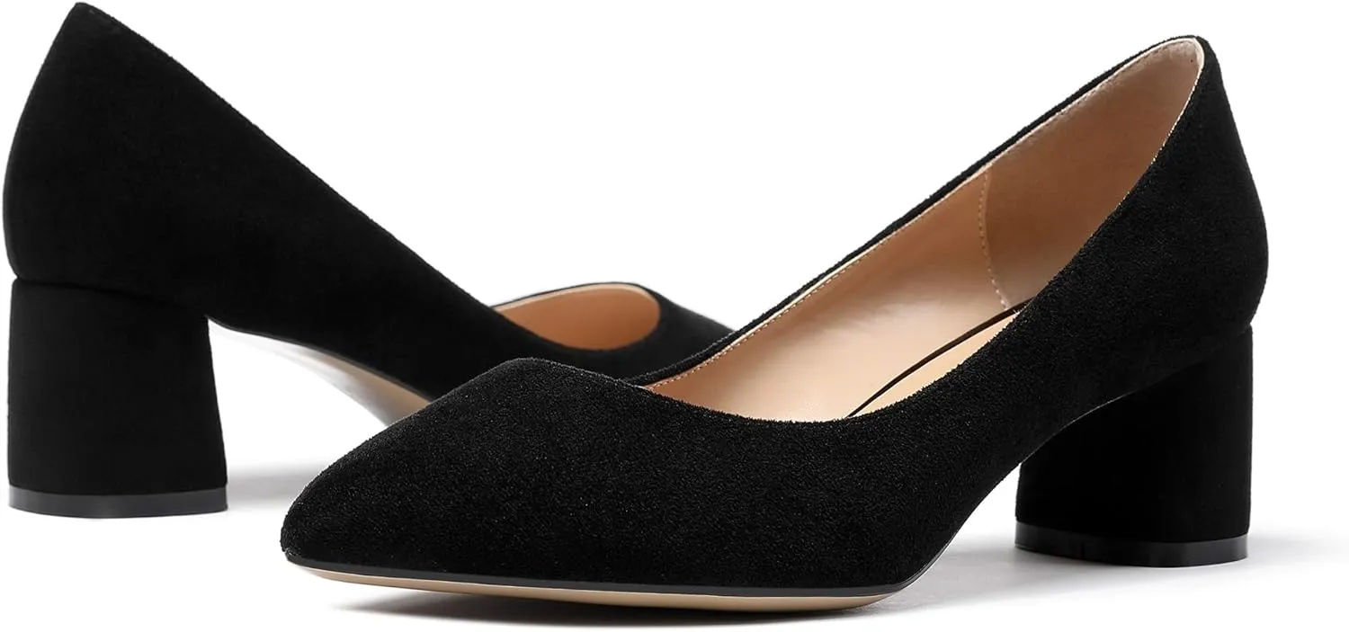 Eldof Women's Chunky Block Low Heels Closed Pointy Toe Classic Pumps Comfort Slip-on Party Evening Dress Heeled Shoes 5 CM