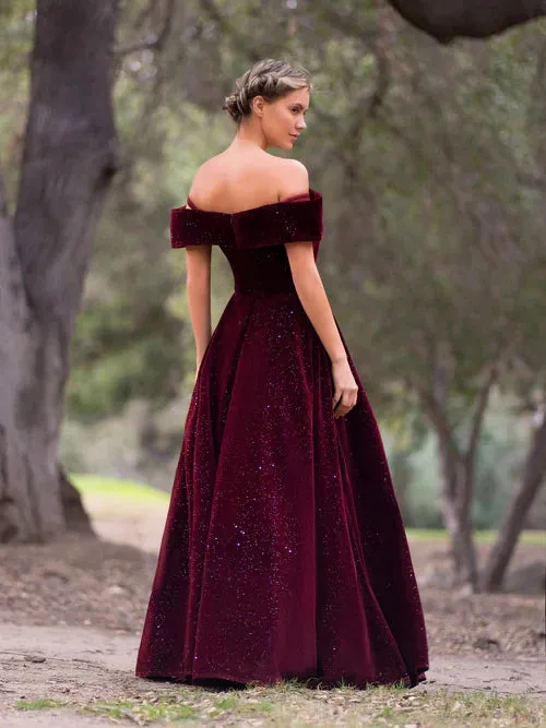 Elegant Bateau Evening Dress Neckline Velvet Floor Length Prom Dress