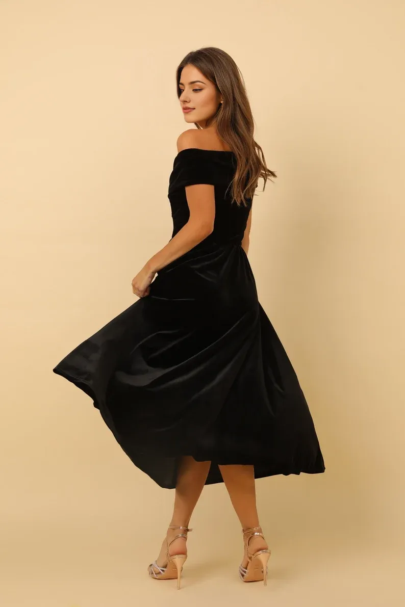Elegant Black Prom Dresses Velvet Dress Midi Dress Evening Dress