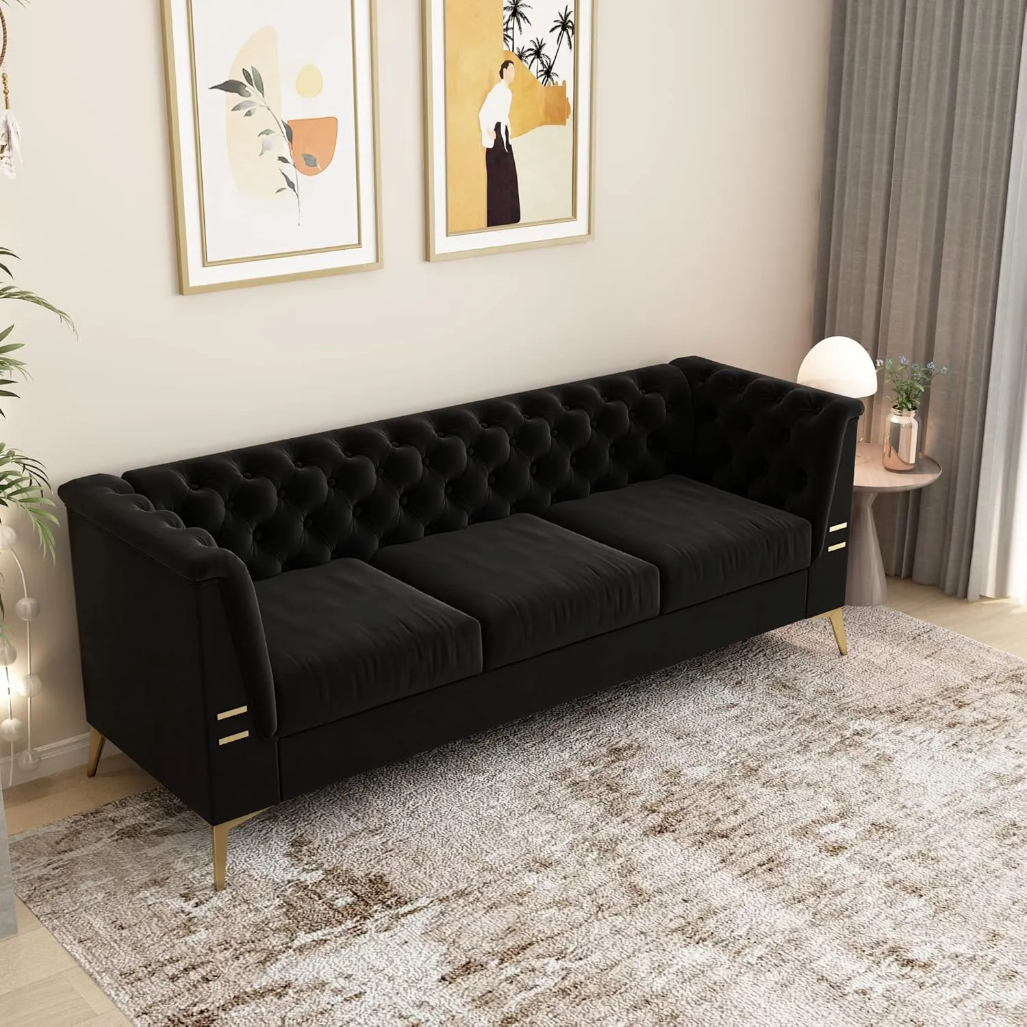 Elegant Chesterfield Velvet Sofa for Cozy Living, Soft Black Upholstery with Gold Legs, Comfortable 3-Seat Design
