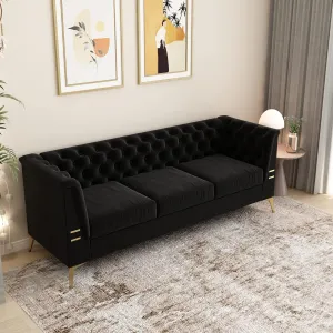Elegant Chesterfield Velvet Sofa for Cozy Living, Soft Black Upholstery with Gold Legs, Comfortable 3-Seat Design