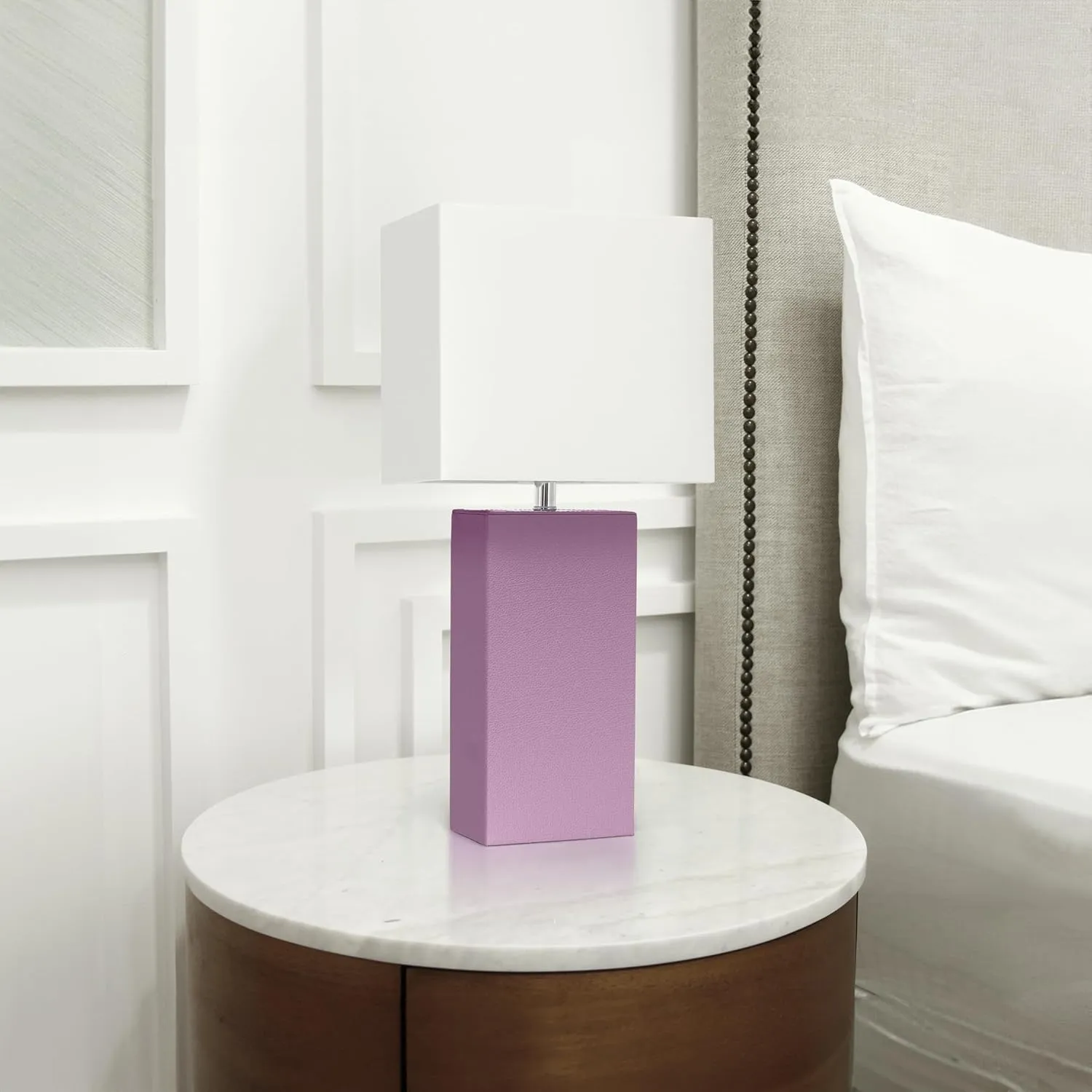 Elegant Designs LT1151-PRP 21" Contemporary Faux Leather Encased Table Lamp for Living Room, Bedroom, Study, Office, Entryway, Reading Nook, Purple