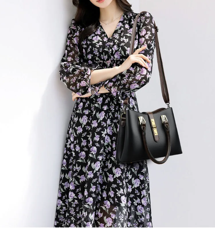 Elegant Leather Key Lock Closure Crossbody Bag