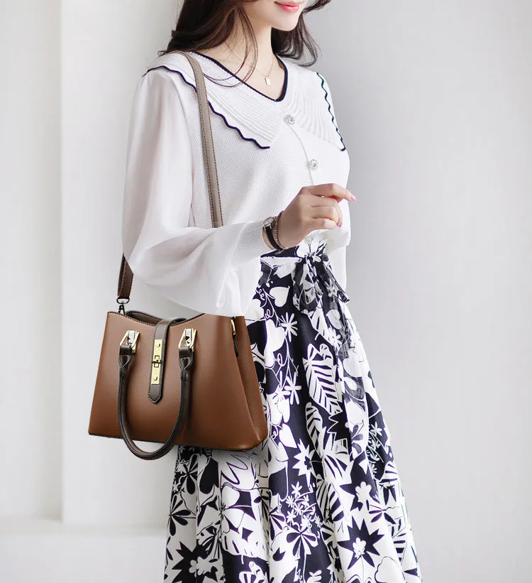Elegant Leather Key Lock Closure Crossbody Bag