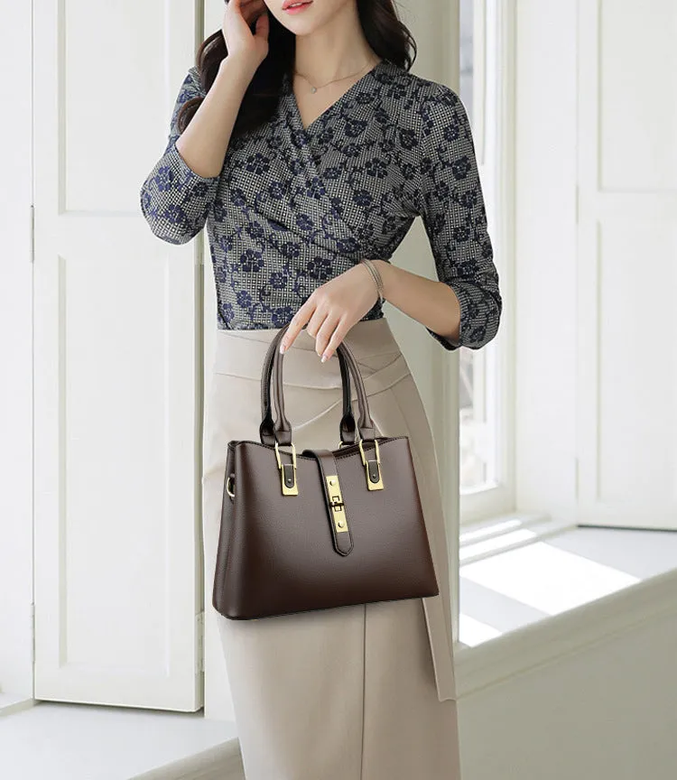 Elegant Leather Key Lock Closure Crossbody Bag