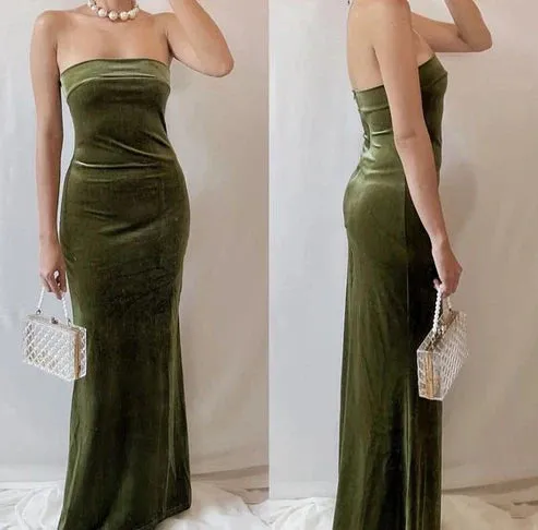 Elegant Mermaid Strapless Velvet Prom Dress Evening Gown Simple Party Dress
