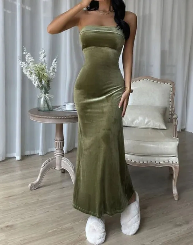Elegant Mermaid Strapless Velvet Prom Dress Evening Gown Simple Party Dress