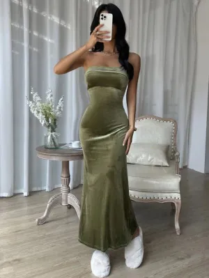 Elegant Mermaid Strapless Velvet Prom Dress Evening Gown Simple Party Dress