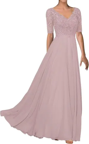 Elegant Mother of Bride Dress V-Neck Formal Evening Party Dresses Chiffon Laces Mother of The Groom Dresses Plus Size