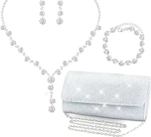 Elegant Necklace Earrings Bracelet Crystal Bridal Wedding Jewelry Sets for Brides Bridesmaid Prom Formal Costume Accessories for Women