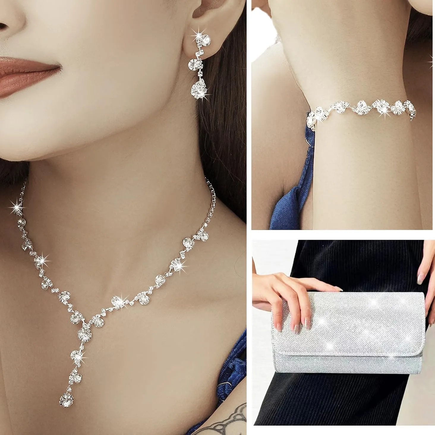 Elegant Necklace Earrings Bracelet Crystal Bridal Wedding Jewelry Sets for Brides Bridesmaid Prom Formal Costume Accessories for Women
