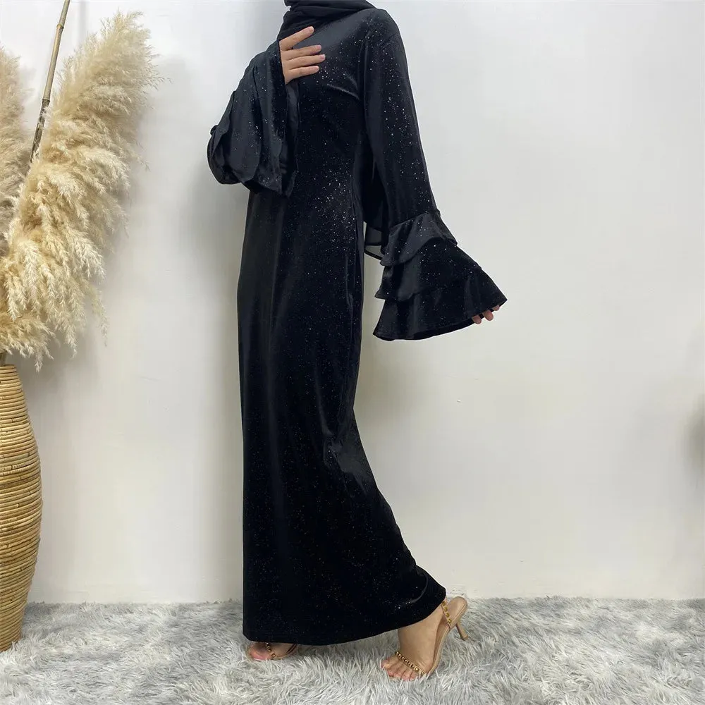 Elegant Ruffle Sleeve Velvet Maxi Dress