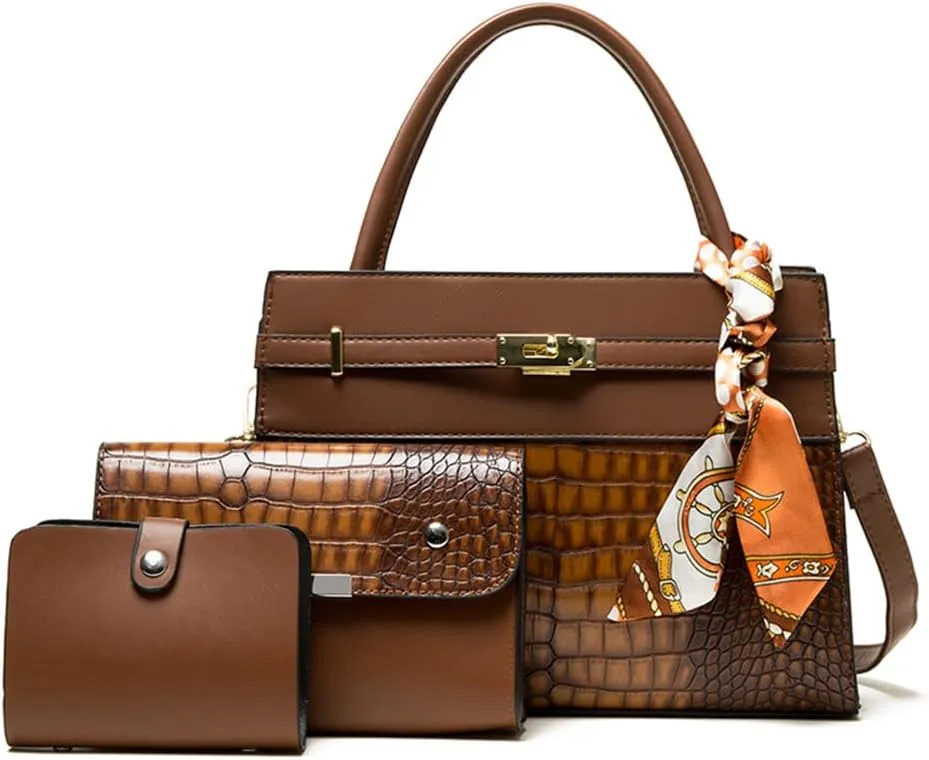 Elegant Women's Crocodile Pattern Leather Handbag Set - 3PCS Fashion Tote & Crossbody Purse