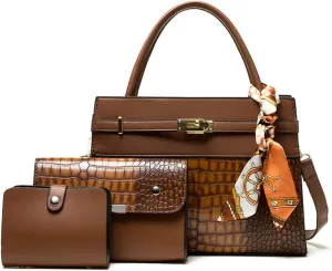 Elegant Women's Crocodile Pattern Leather Handbag Set - 3PCS Fashion Tote & Crossbody Purse